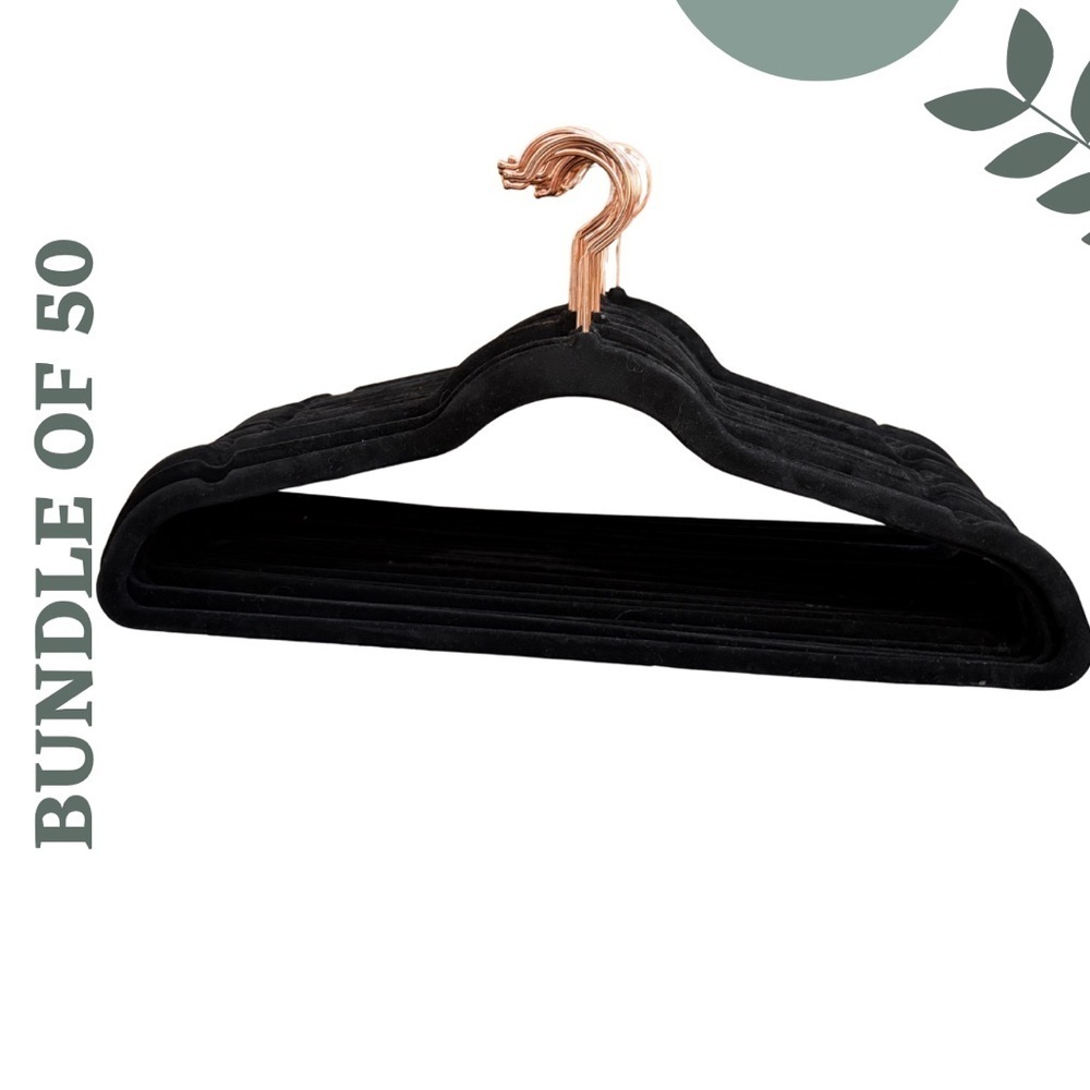 Rose Gold Ink Black Velvet Hangers Set of 50 Non-Slip Space-Saving, 360° Swivel - Picture 2 of 3